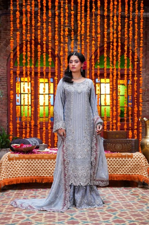FSP-047 – Silver Blue Luxury Embroidered 3 Piece Formal Suit