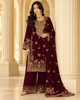 VEL-013-MRN – Deep Maroon Luxury Embroidered 3 Piece Wedding Suit with Velvet Shawl TANVEER COLLECTION
