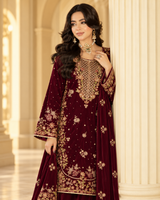 VEL-013-MRN – Deep Maroon Luxury Embroidered 3 Piece Wedding Suit with Velvet Shawl TANVEER COLLECTION