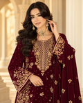 VEL-013-MRN – Deep Maroon Luxury Embroidered 3 Piece Wedding Suit with Velvet Shawl