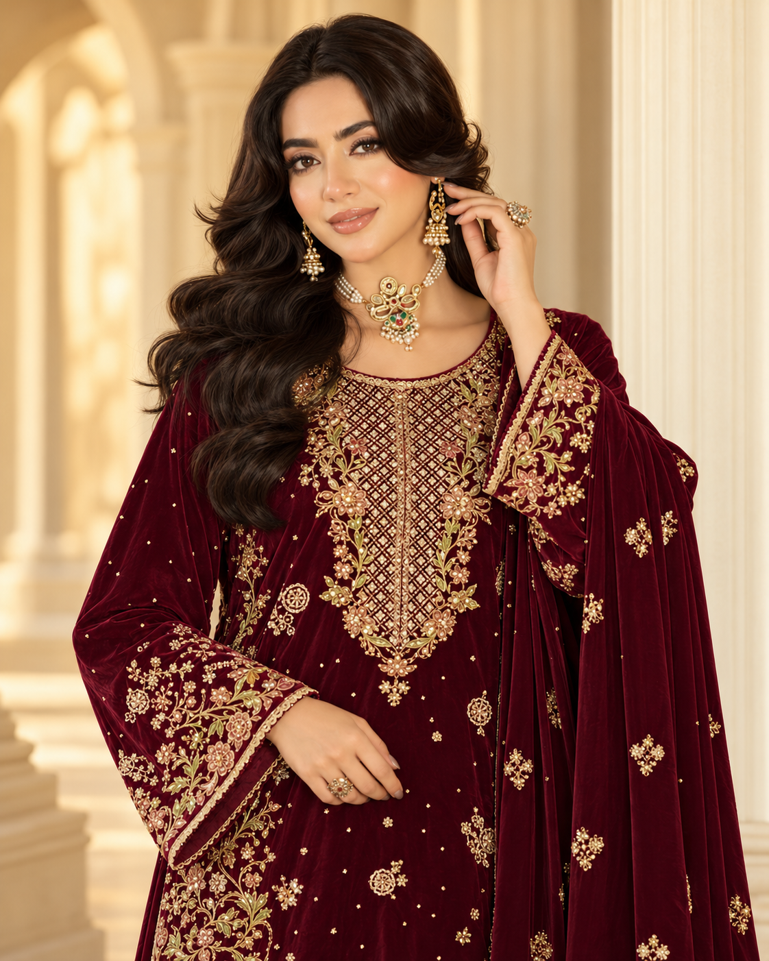 VEL-013-MRN – Deep Maroon Luxury Embroidered 3 Piece Wedding Suit with Velvet Shawl