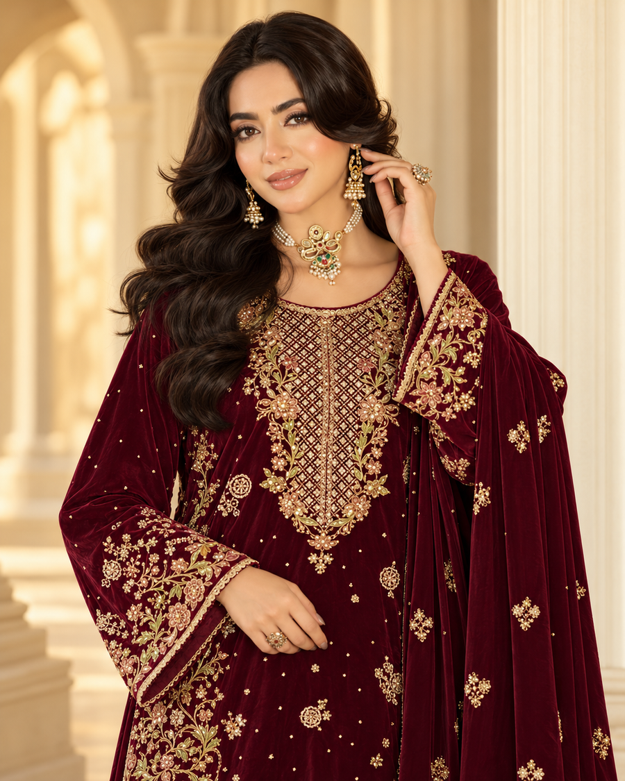 VEL-013-MRN – Deep Maroon Luxury Embroidered 3 Piece Wedding Suit with Velvet Shawl