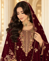 VEL-013-MRN – Deep Maroon Luxury Embroidered 3 Piece Wedding Suit with Velvet Shawl TANVEER COLLECTION