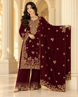 VEL-013-MRN – Deep Maroon Luxury Embroidered 3 Piece Wedding Suit with Velvet Shawl TANVEER COLLECTION
