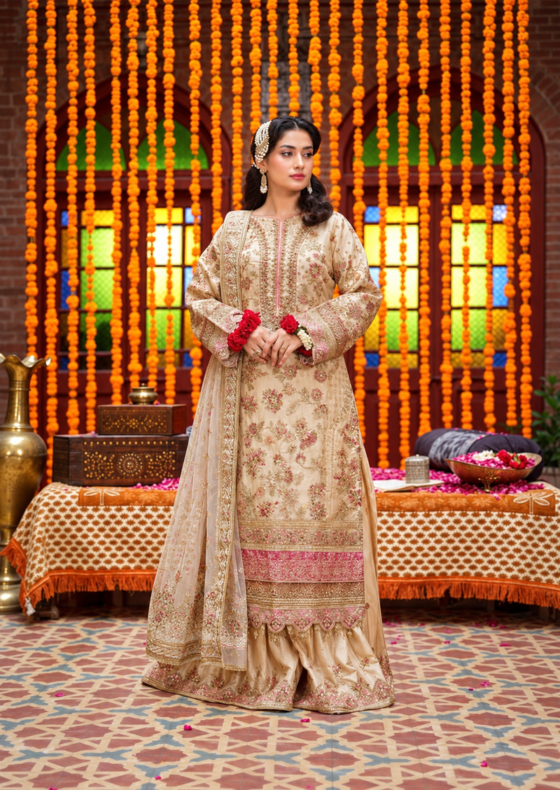 FSP-049 – Ivory Gold & Blush Pink Luxury Embroidered Formal Suit