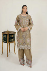 MTK-021 – Olive Taupe Floral Embroidered Farshi Shalwar Pakistani Pret Suit
