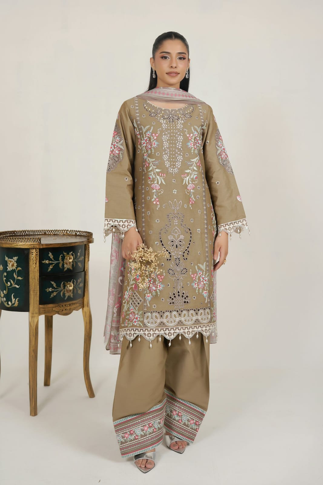 MTK-021 – Olive Taupe Floral Embroidered Farshi Shalwar Pakistani Pret Suit