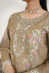 MTK-021 – Olive Taupe Floral Embroidered Farshi Shalwar Pakistani Pret Suit