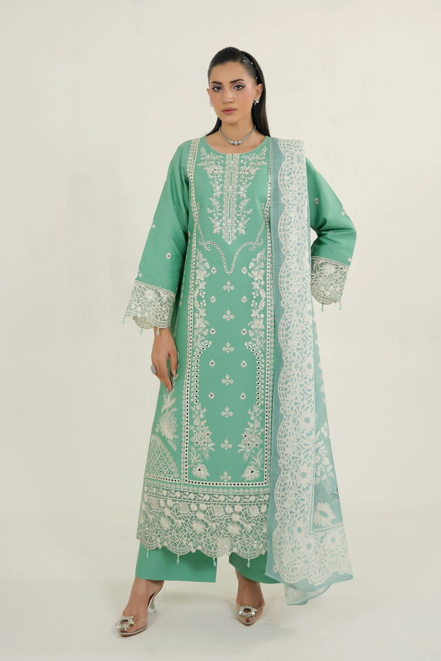 MTK-020 – Mint Green Floral Embroidered 3 Piece Pakistani Suit