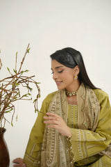 MTK-018 – Mustard Olive Luxury Embroidered Farshi Shalwar Pakistani Pret Suit