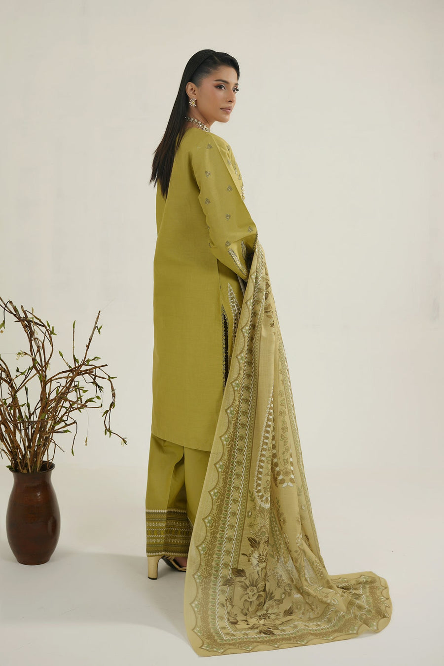MTK-018 – Mustard Olive Luxury Embroidered Farshi Shalwar Pakistani Pret Suit