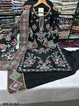 MTK-023 – Black Floral Embroidered Farshi Shalwar 3 Piece Pakistani Suit