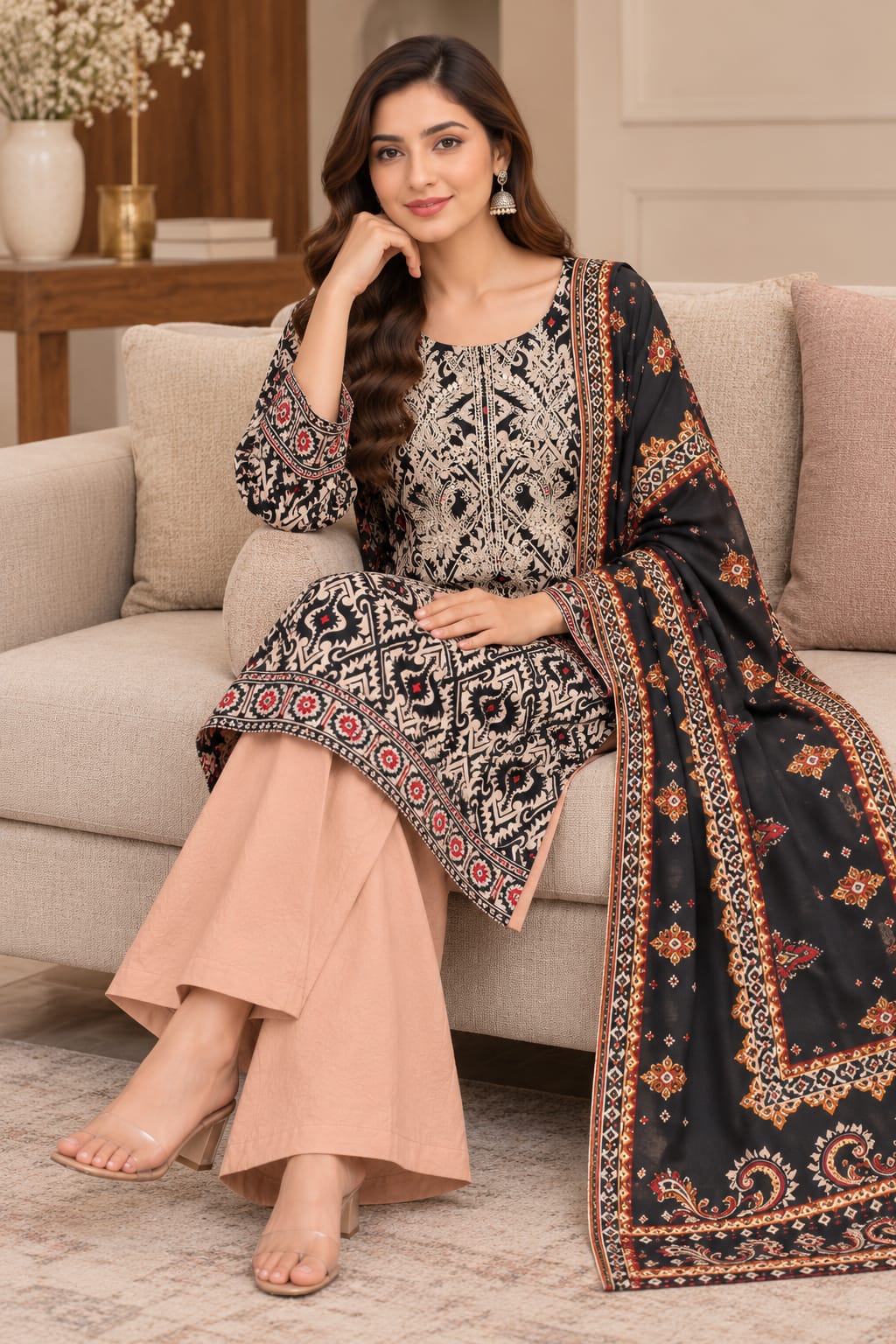 ELN-008 – Black & Beige  Embroidered  3 Piece Pakistani Suit