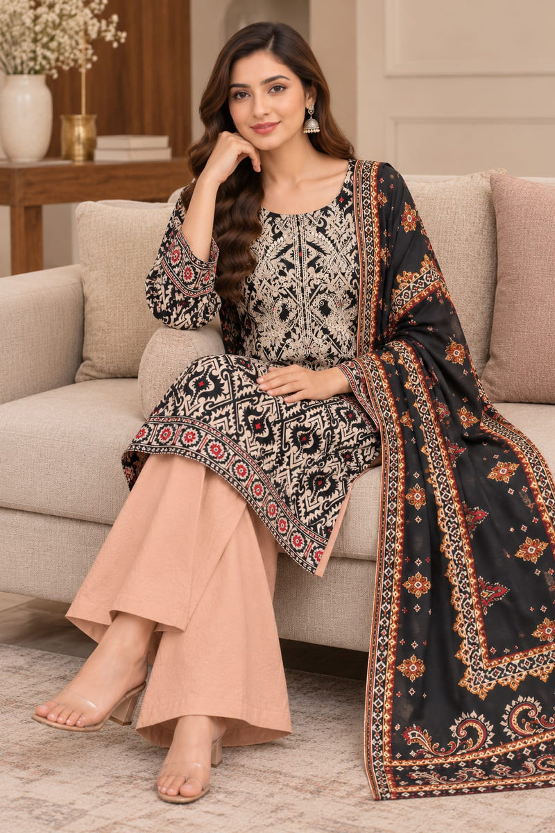 ELN-008 – Black & Beige  Embroidered  3 Piece Pakistani Suit
