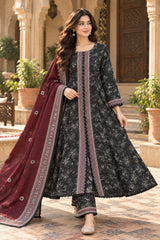 CFWK-001-BLK – Black Floral Printed 3 Piece Pakistani Frock Suit