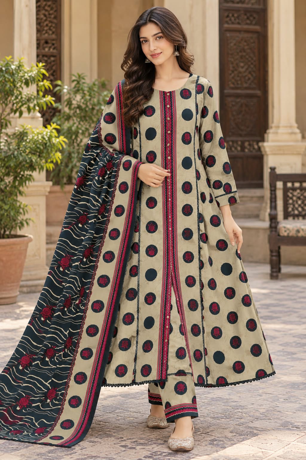 CFWK-001-BEG – Beige & Black Printed 3 Piece Pakistani Frock Suit