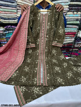 CFWK-001-MDG – Mehndi Green Floral Printed 3 Piece Pakistani Frock Suit