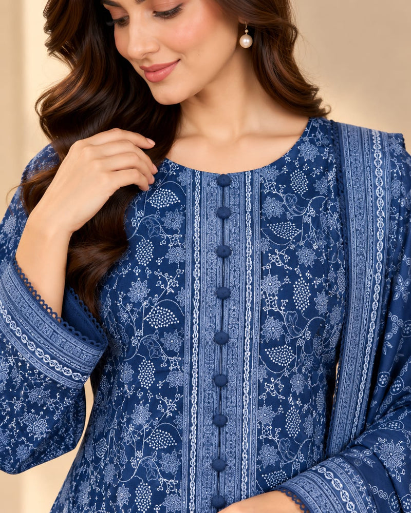 CFWK-001-BLU – Navy Blue Floral Printed 3 Piece Pakistani Frock Suit