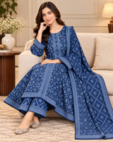 CFWK-001-BLU – Navy Blue Floral Printed 3 Piece Pakistani Frock Suit