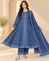 CFWK-001-BLU – Navy Blue Floral Printed 3 Piece Pakistani Frock Suit