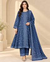 CFWK-001-BLU – Navy Blue Floral Printed 3 Piece Pakistani Frock Suit