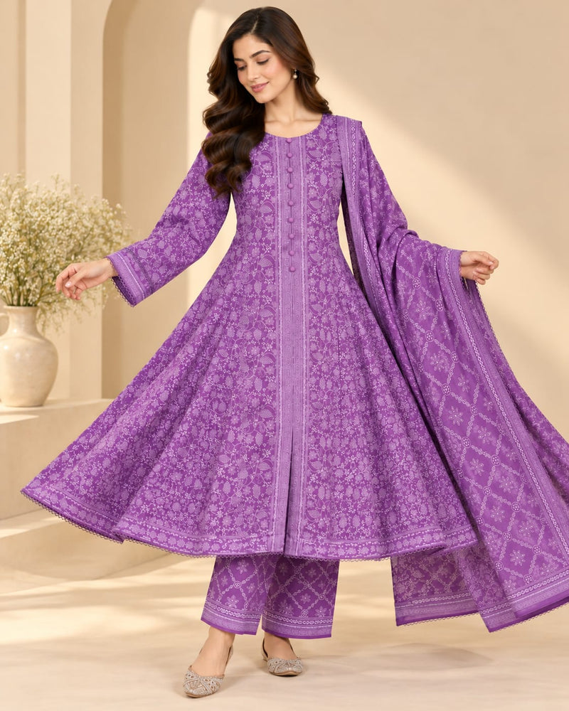 CFWK-001-LLC – Lilac Purple Floral Printed 3 Piece Pakistani Frock Suit
