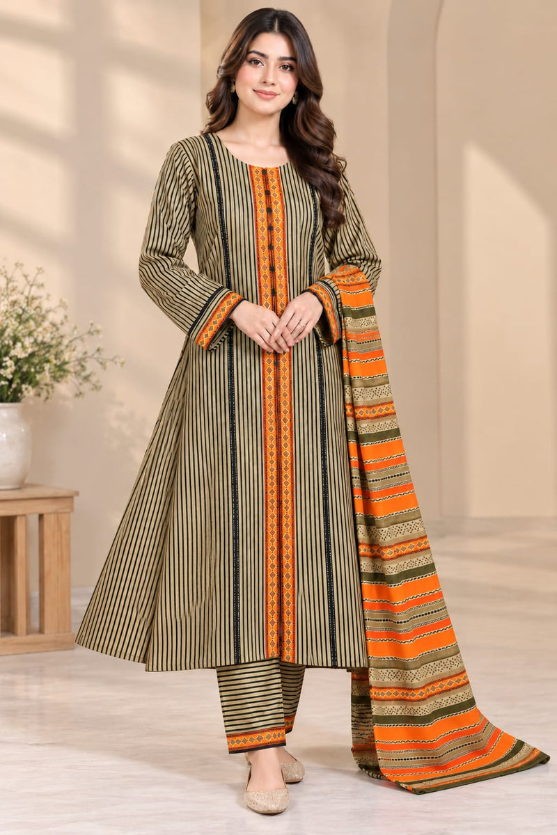 CFWK-001-MLTI – Beige & Orange Striped Printed 3 Piece Pakistani Frock Suit
