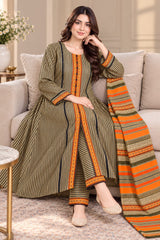 CFWK-001-MLTI – Beige & Orange Striped Printed 3 Piece Pakistani Frock Suit