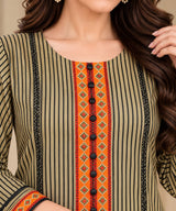 CFWK-001-MLTI – Beige & Orange Striped Printed 3 Piece Pakistani Frock Suit