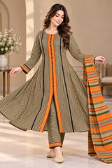 CFWK-001-MLTI – Beige & Orange Striped Printed 3 Piece Pakistani Frock Suit