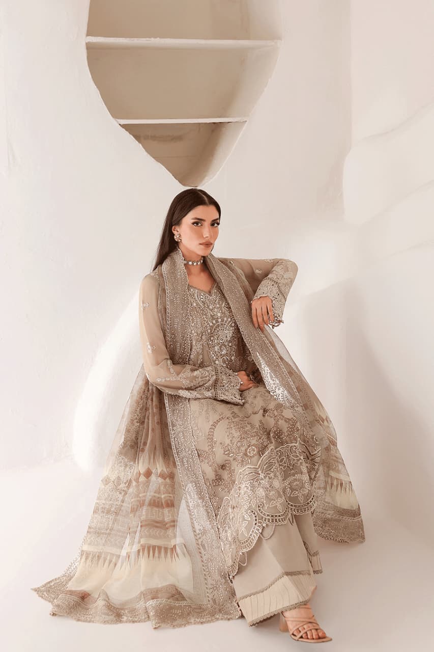 RM-ST-204 – Champagne Taupe Luxury Embroidered 3 Piece Pakistani Formal Suit