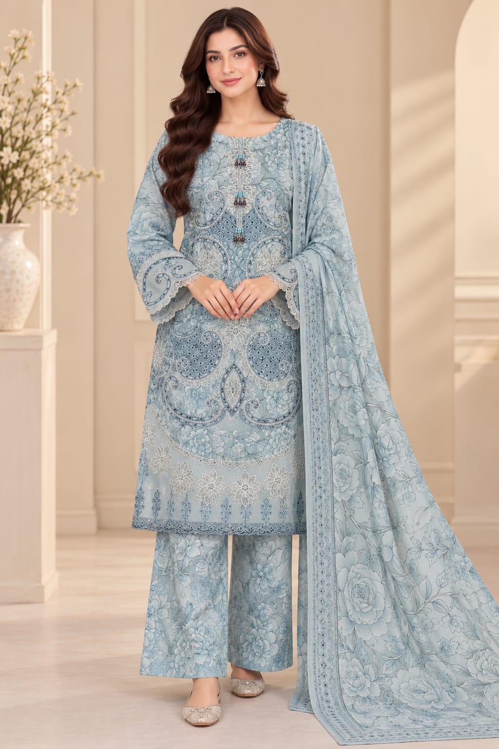 CB-024 – Powder Blue Embroidered 3 Piece Khaddar Winter Suit