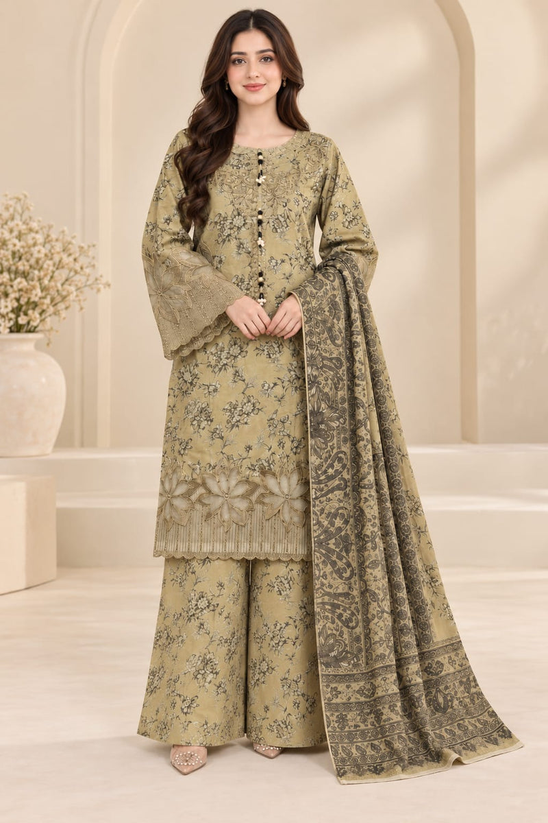 CB-021 – Khaki Beige Embroidered 3 Piece Khaddar Winter Suit