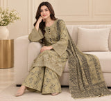 CB-021 – Khaki Beige Embroidered 3 Piece Khaddar Winter Suit