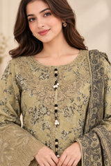 CB-021 – Khaki Beige Embroidered 3 Piece Khaddar Winter Suit