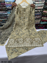 CB-021 – Khaki Beige Embroidered 3 Piece Khaddar Winter Suit