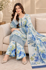 CB-022 – Ivory Blue Floral Embroidered 3 Piece Khaddar Winter Suit TANVEER COLLECTION