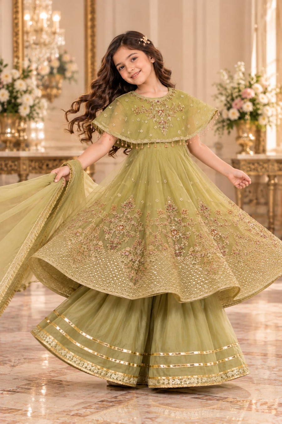 KD-MX-006 – Girls Luxury Organza Cap Shawl Style Frock with Plazo