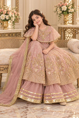 KD-MX-006 – Girls Luxury Organza Cap Shawl Style Frock with Plazo TANVEER COLLECTION