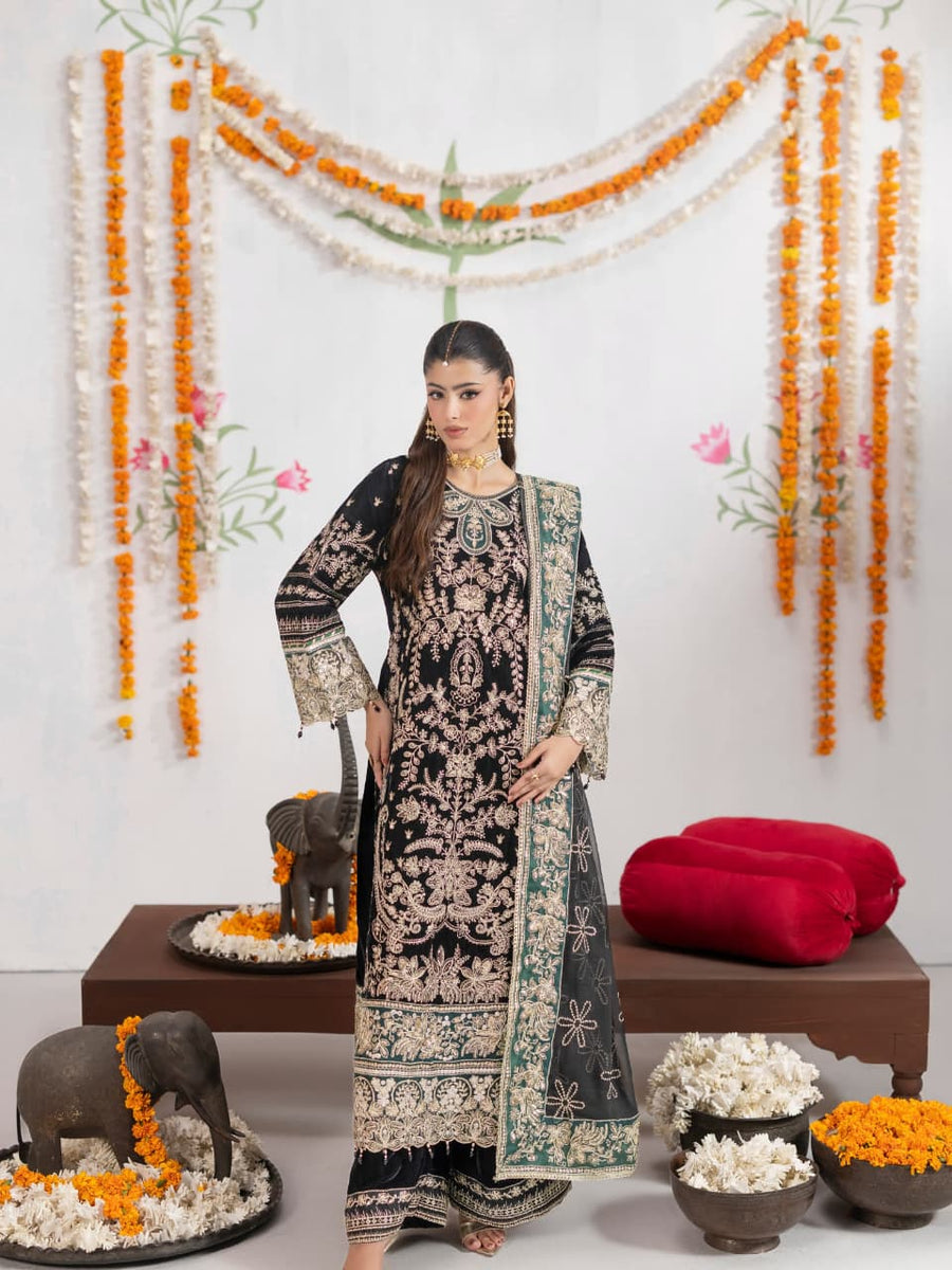 VEL004 – Black Luxury Sequin Embroidered Micro Velvet 3 Piece Suit