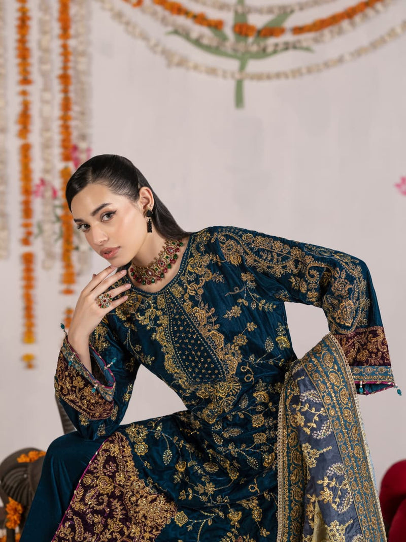 VEL008 – Deep Teal Blue Luxury Sequin Embroidered Micro Velvet 3 Piece Suit