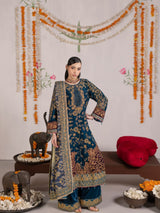 VEL008 – Deep Teal Blue Luxury Sequin Embroidered Micro Velvet 3 Piece Suit TANVEER COLLECTION