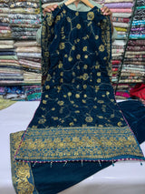 VEL008 – Deep Teal Blue Luxury Sequin Embroidered Micro Velvet 3 Piece Suit TANVEER COLLECTION