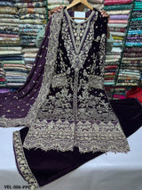 VEL006 – Deep Plum Luxury Sequin Embroidered Micro Velvet 3 Piece Gown Suit TANVEER COLLECTION