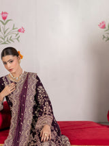 VEL006 – Deep Plum Luxury Sequin Embroidered Micro Velvet 3 Piece Gown Suit TANVEER COLLECTION