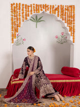 VEL006 – Deep Plum Luxury Sequin Embroidered Micro Velvet 3 Piece Gown Suit TANVEER COLLECTION