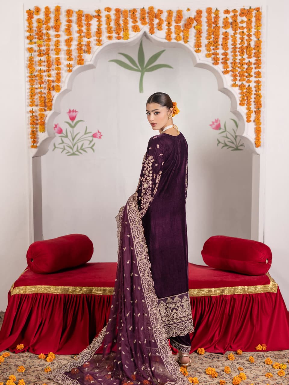 VEL006 – Deep Plum Luxury Sequin Embroidered Micro Velvet 3 Piece Gown Suit