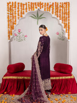 VEL006 – Deep Plum Luxury Sequin Embroidered Micro Velvet 3 Piece Gown Suit TANVEER COLLECTION