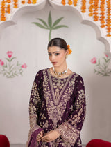 VEL006 – Deep Plum Luxury Sequin Embroidered Micro Velvet 3 Piece Gown Suit TANVEER COLLECTION