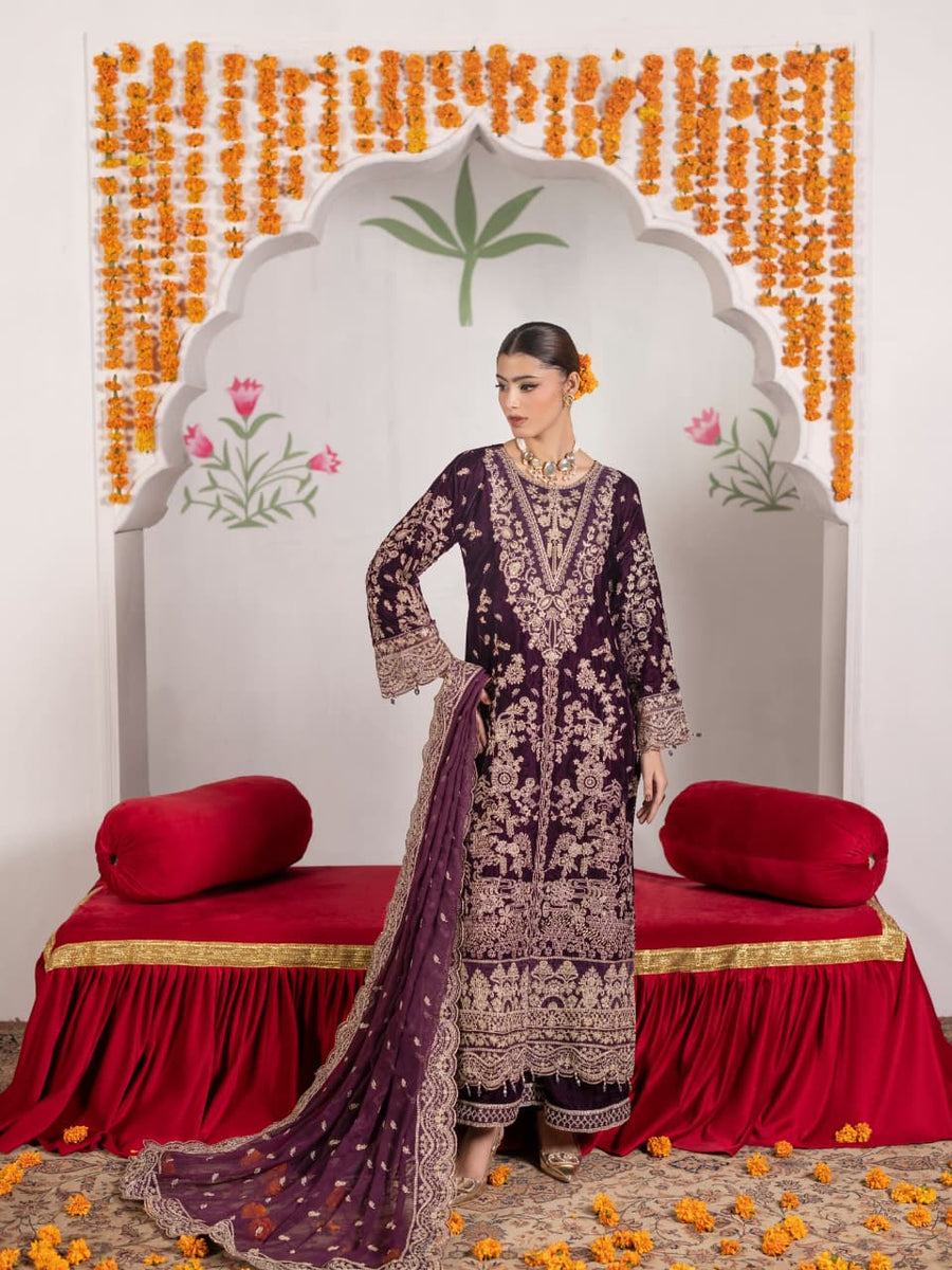 VEL006 – Deep Plum Luxury Sequin Embroidered Micro Velvet 3 Piece Gown Suit